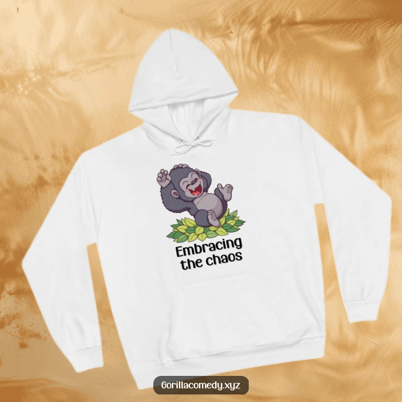 Funny clumsy gorilla hoodie tumbling with delight into soft leaves, offering warmth and a playful vibe, a fantastic funny gift.