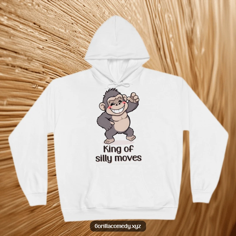 Funny gorilla hoodie, grinning and doing a playful, silly dance, radiating infectious joy and energy.
