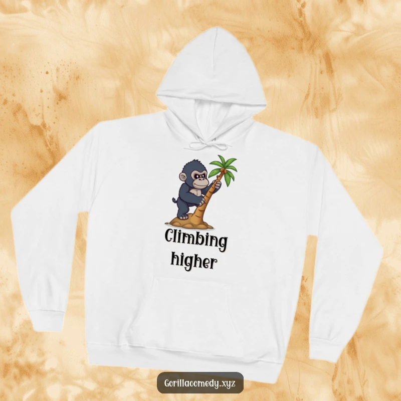 Funny hoodie with a determined gorilla attempting to climb a coconut tree, offering a cozy and motivational design.