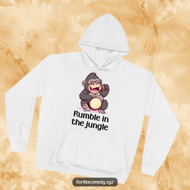 Funny gorilla hoodie, capturing a gorilla performing a comical, clumsy drum solo on its belly with gusto.