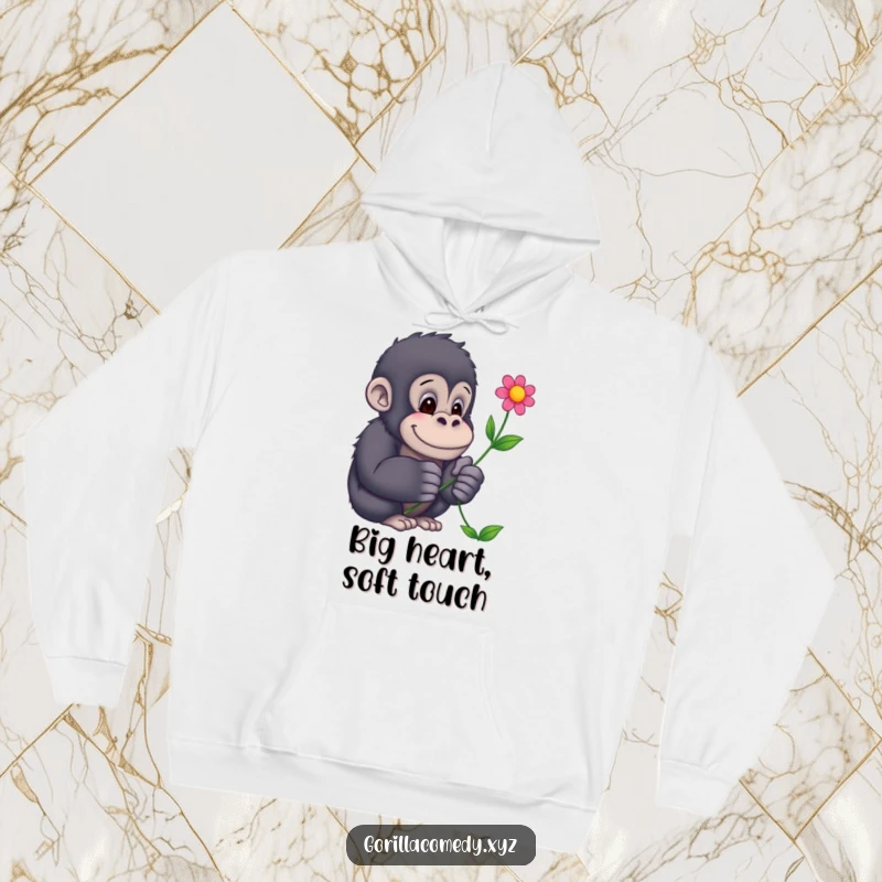 Funny Gorilla Hoodie: A soft, cozy hoodie with a gentle gorilla offering a colorful flower, bringing warmth and humor.