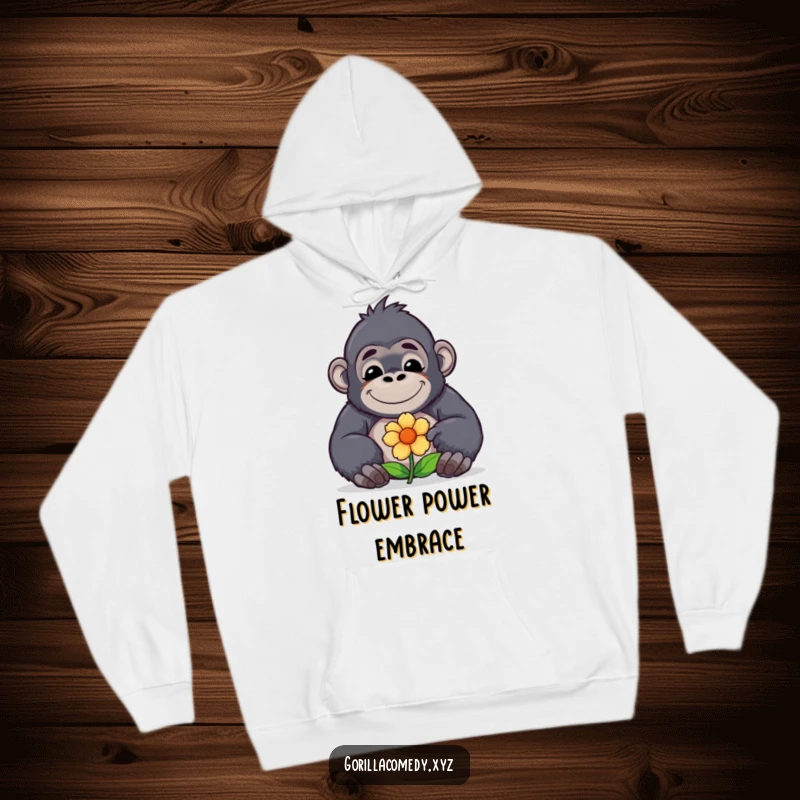 A contented funny kawaii gorilla with a sweet smile is offering a flower, depicted on a warm and cozy hoodie for ultimate comfort and gentleness.