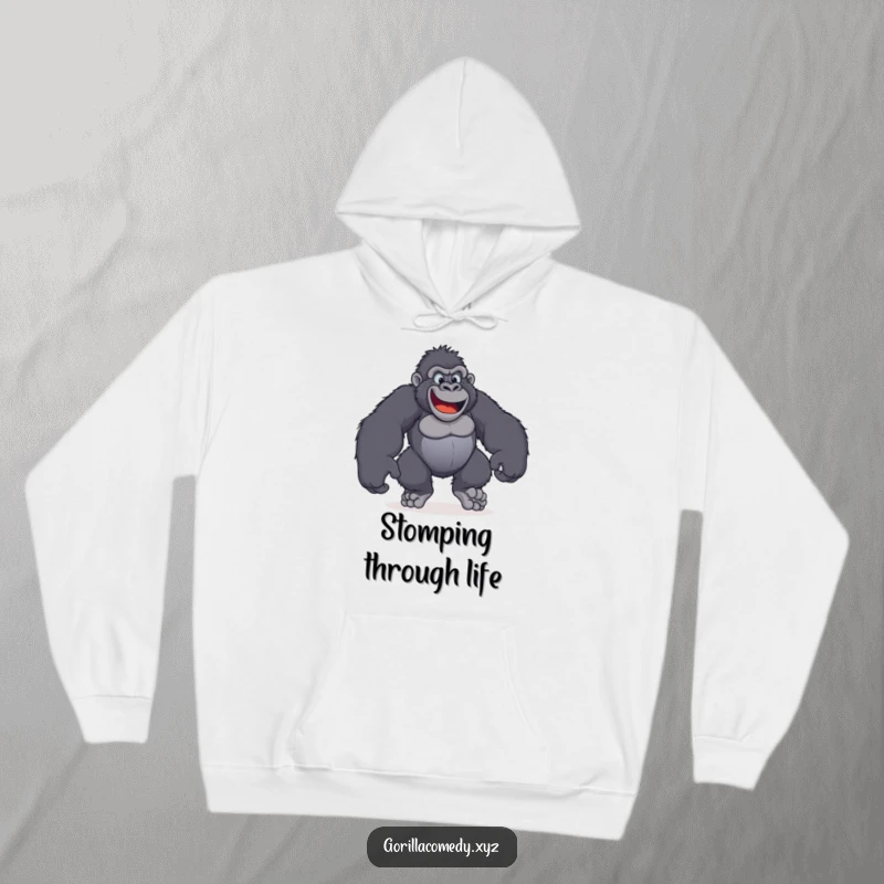 Funny hoodie depicting a cheerful gorilla with enormous, happy feet enthusiastically stomping around.