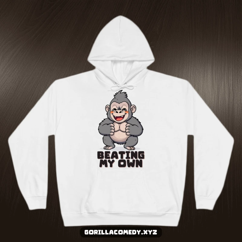 Funny hoodie featuring a cute Kawaii gorilla character enthusiastically drumming its chest. Comfortable and full of personality.