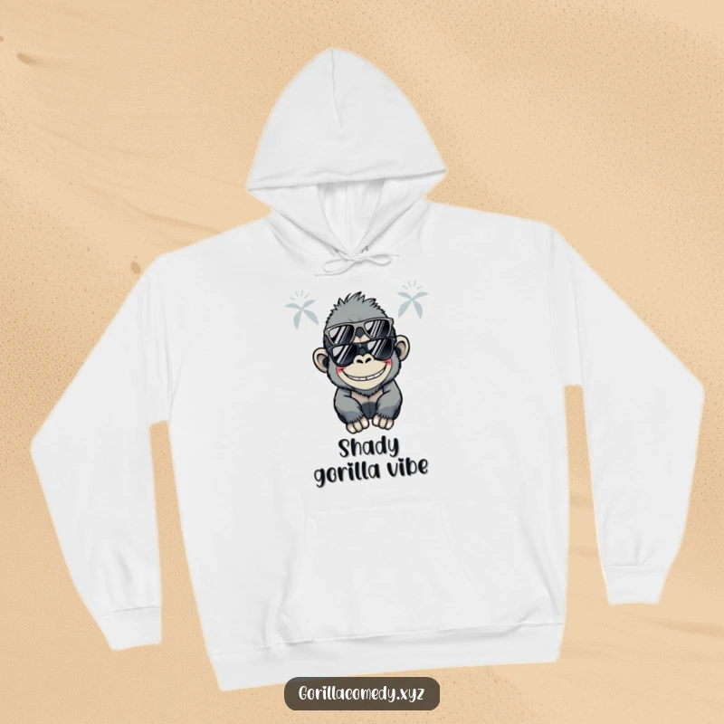 Funny Kawaii gorilla wearing sunglasses and a silly grin, providing a cool and humorous vibe on a warm hoodie.
