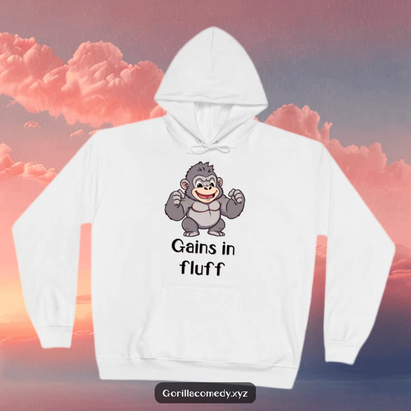 Funny kawaii gorilla hoodie with a small, muscular character flexing its biceps confidently, a comfortable and funny gift.