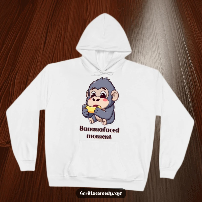 Funny kawaii gorilla hoodie, surprised expression, munching a tiny banana, warm and cozy apparel, comical animal design.