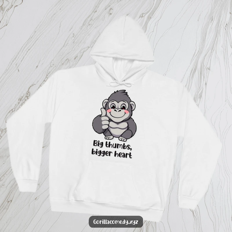 Cozy funny kawaii gorilla character giving a prominent thumbs up, embodying a relaxed and happy vibe on this warm hoodie.