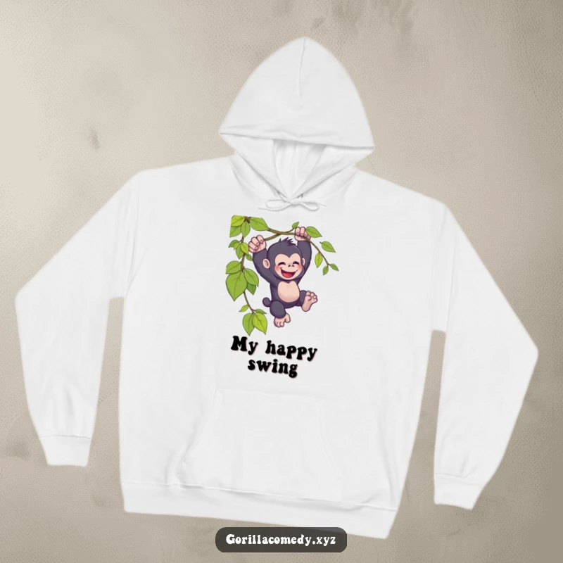 Funny kawaii gorilla hoodie, joyfully swinging, from a vine, cozy apparel, cute animal design.