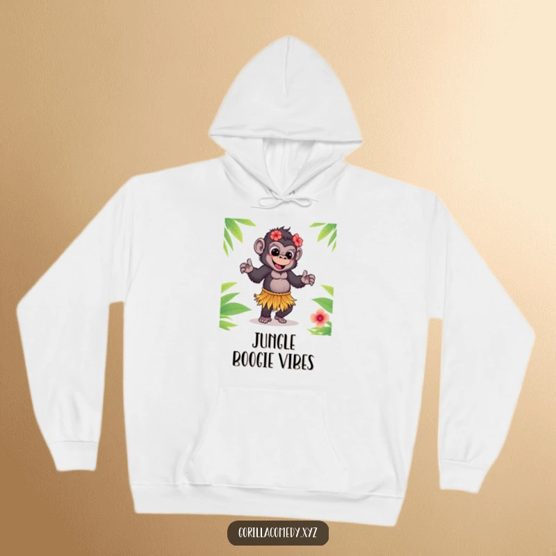 Funny Gorilla Hoodie: Cute gorilla in a grass skirt doing a fun hula dance, offering warmth and humor.