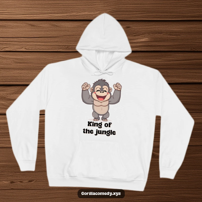 Funny Gorilla Hoodie showcasing a smiling gorilla joyfully pounding its chest, offering cozy warmth and a humorous, strong vibe.