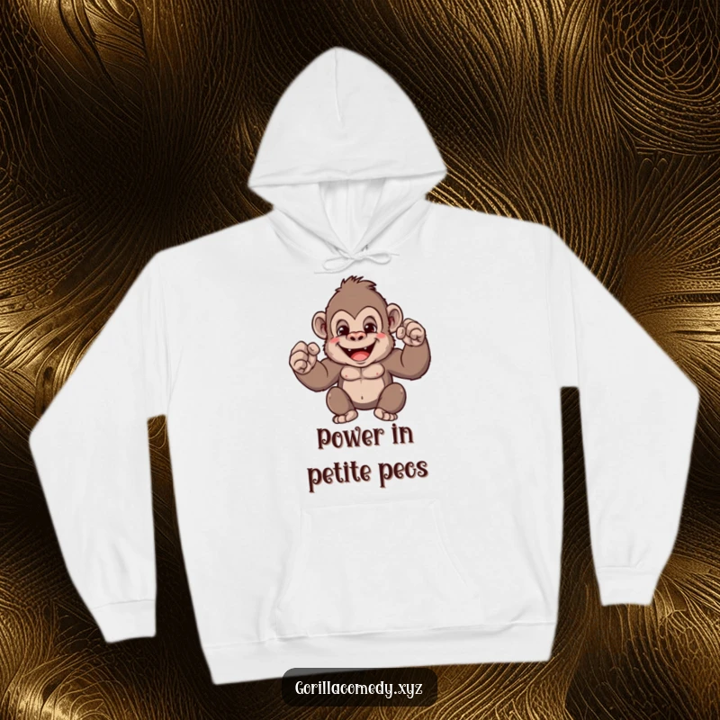 Funny gorilla hoodie showcasing a cute ape flexing its tiny muscles with a confident grin, offering warmth and humorous style for screen readers.