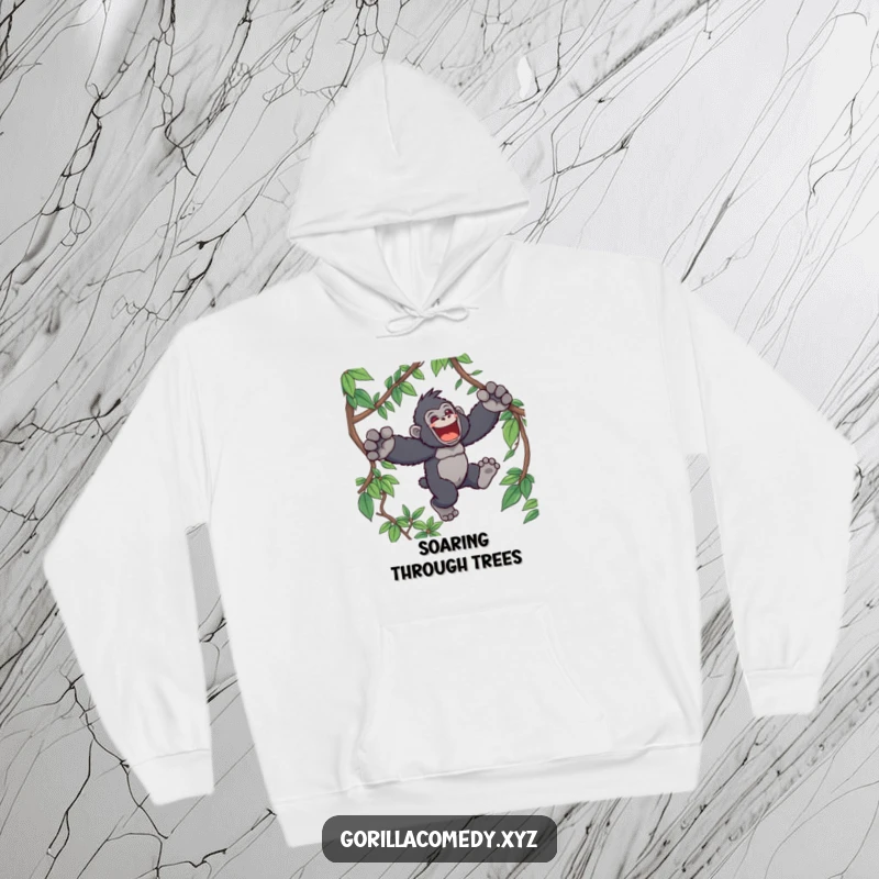 Funny Kawaii gorilla hoodie, showing a joyful ape character leaping with abandon through dense jungle vines, designed for cozy exploration.