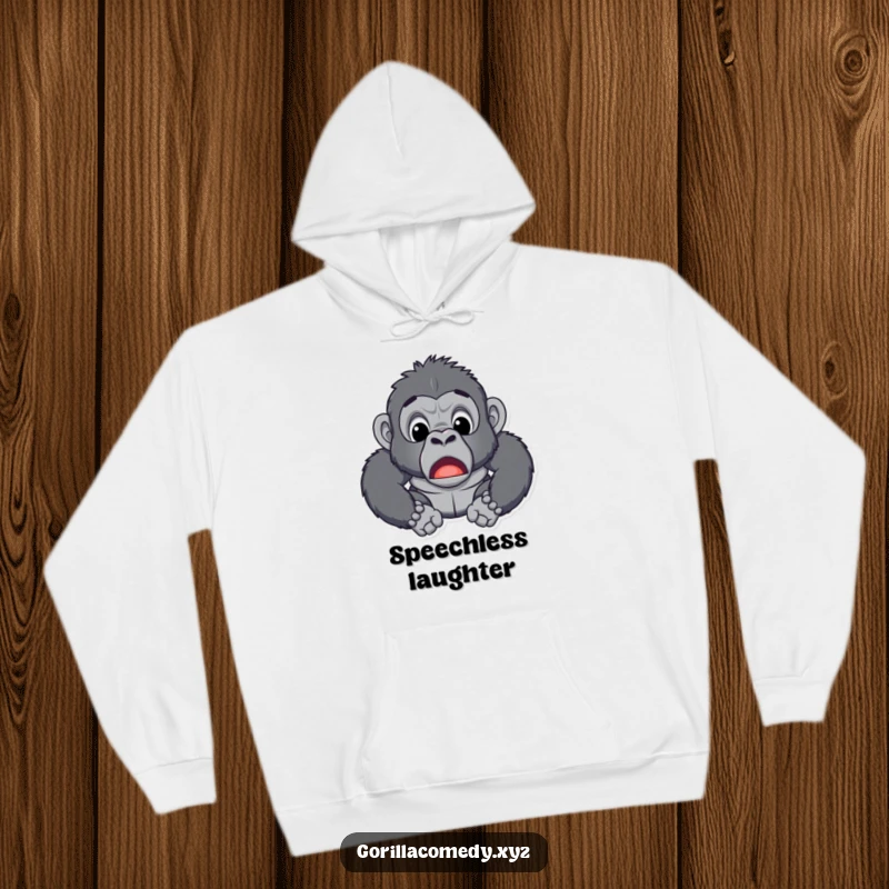 Funny hoodie depicting a gorilla in a state of comical shock, mouth agape, perfect for expressing surprise.