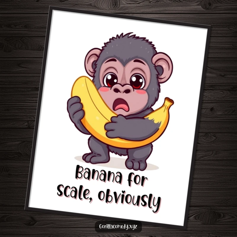 Funny Free Printable Wall Art: A surprised gorilla with wide eyes holding a banana that is much too big, downloadable decor.