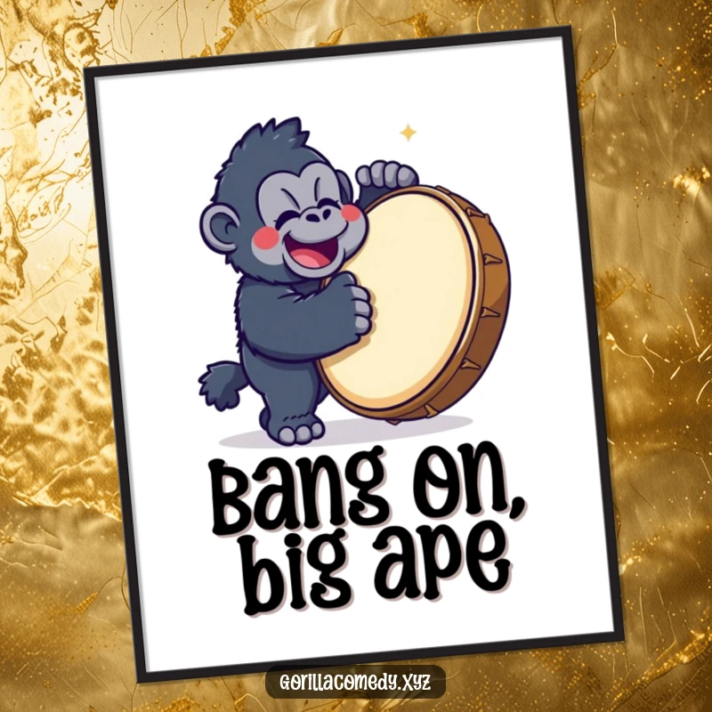 Funny Free Printable Wall Art: A cute kawaii gorilla character happily banging a large drum, bringing lively and humorous energy.
