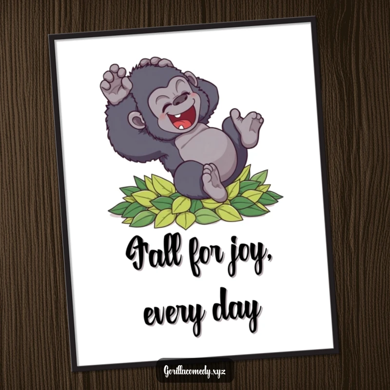 Funny Free Printable wall art of a clumsy gorilla tumbling with delight into soft leaves, perfect for playful decor.