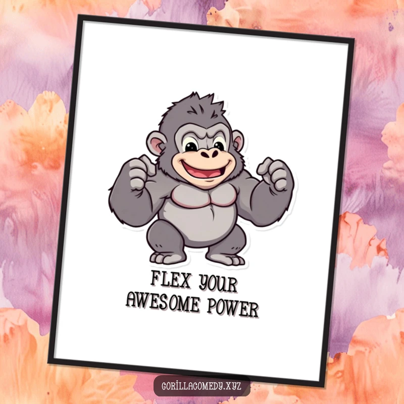 Funny Free Printable Wall Art: Muscular kawaii gorilla character flexing biceps proudly, inspiring strength and motivation in any room.