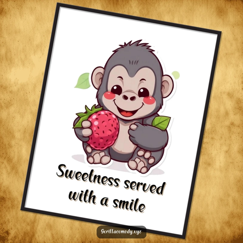 Funny Free Printable Gentle Gorilla Wall Art of a gorilla with a warm smile offering a berry.