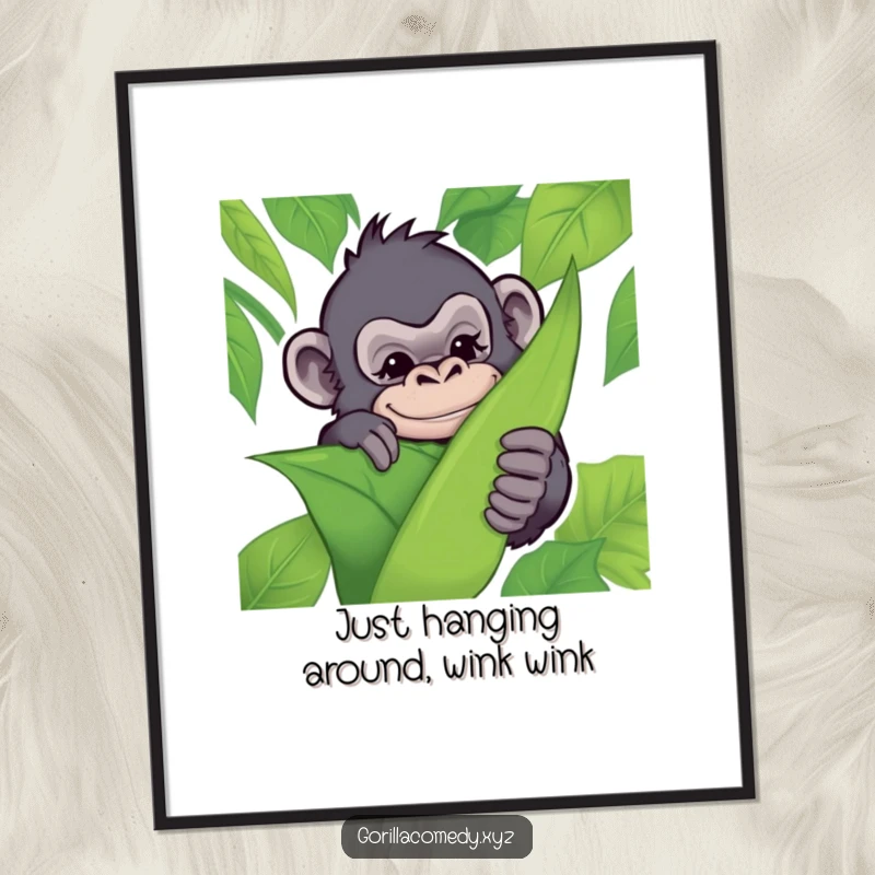 Funny Free Printable Gorilla Wall Art: A sly gorilla hiding behind a large leaf, sharing a mischievous and playful wink.