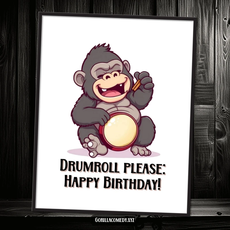 Funny Free Printable wall art: a cartoon gorilla enthusiastically plays a clumsy drum solo by beating rhythmically on its own belly.