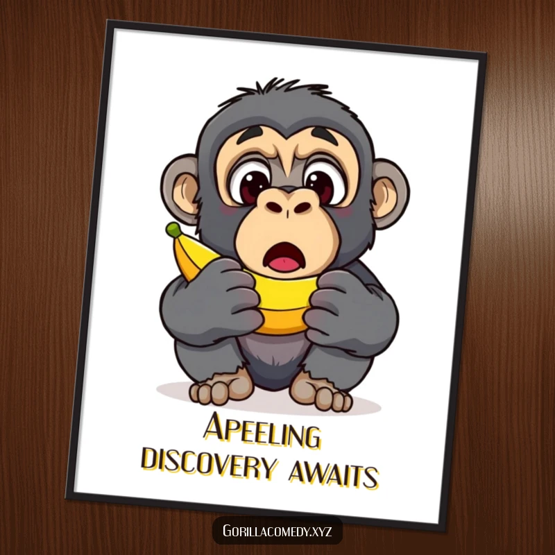 Funny Free Printable Wall Art: A gorilla with wide, surprised eyes discovering a banana, adding quirky humor to your wall.
