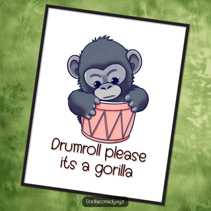 Funny free printable wall art: curious gorilla humorously trying to fit into a comically small drum.