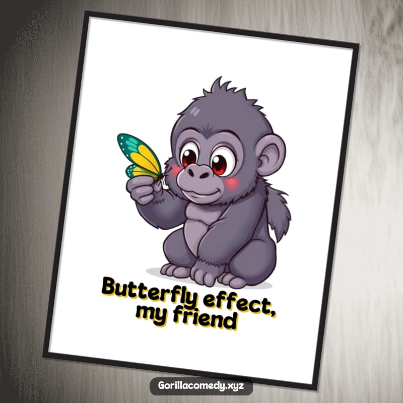 Funny Free Printable Wall Art: Cute kawaii gorilla with big eyes looking with wonder at a delicate, colorful butterfly.