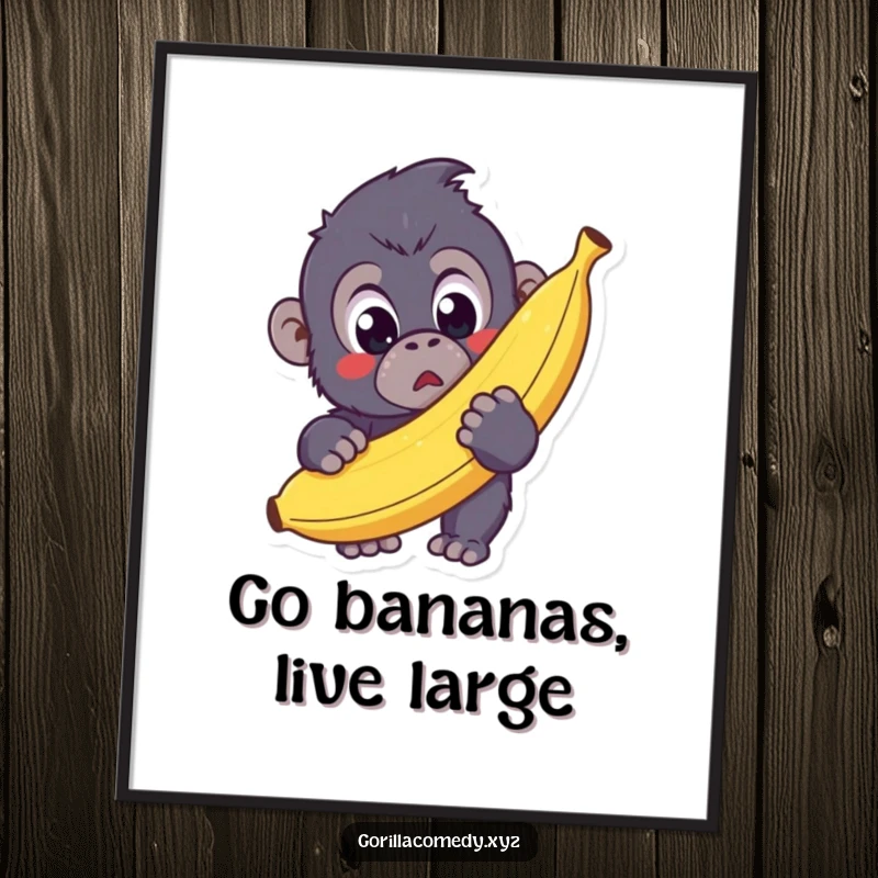 Funny Free Printable Wall Art: a cute Kawaii gorilla with wide surprised eyes clutches a giant banana.