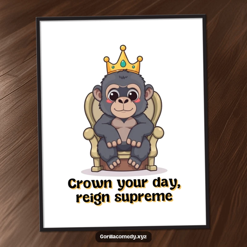 Funny free printable wall art of a gorilla wearing a tiny crown, sitting majestically on a makeshift throne.