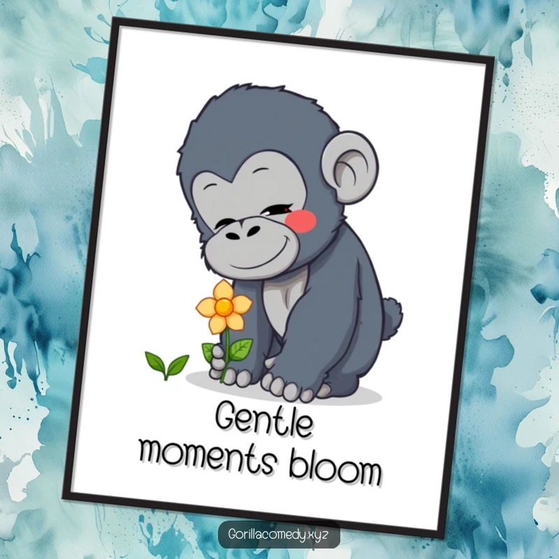 Funny Free Printable Wall Art: Curious gorilla character gently patting a tiny blooming flower, bringing a sense of calm and nature indoors.
