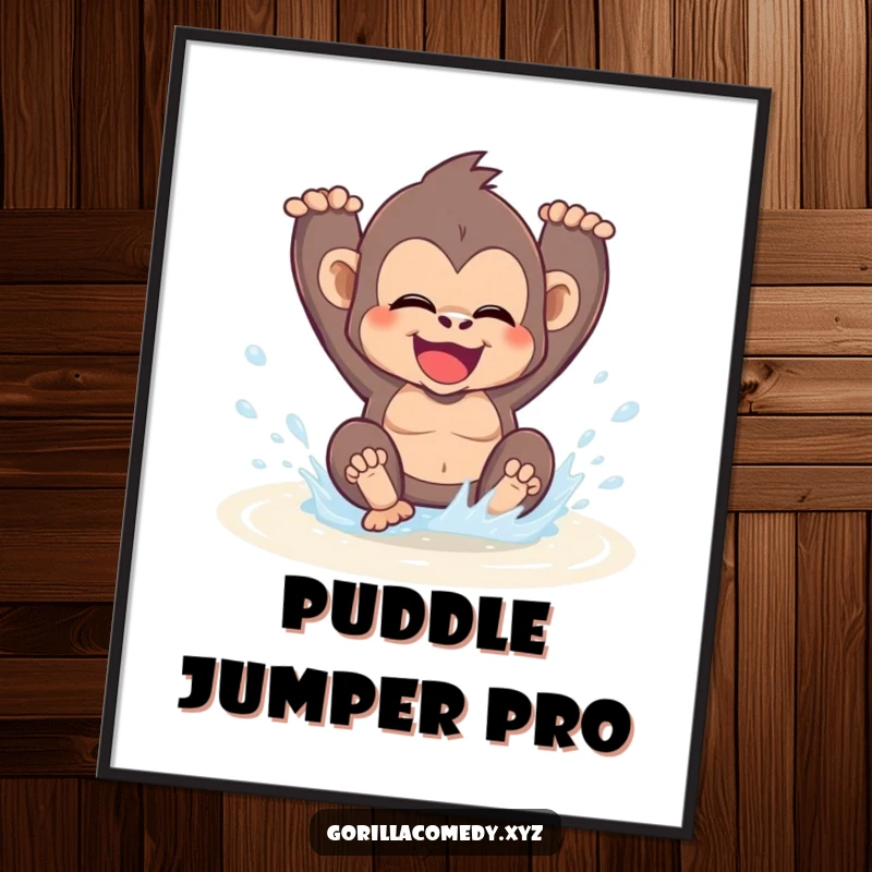 Funny Free Printable Wall Art: Adorable kawaii gorilla gleefully splashing water in a puddle, full of playful energy.