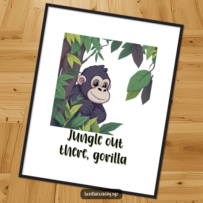 Funny Free Printable Wall Art: A cartoon gorilla character peeks out mischievously from behind thick jungle foliage.
