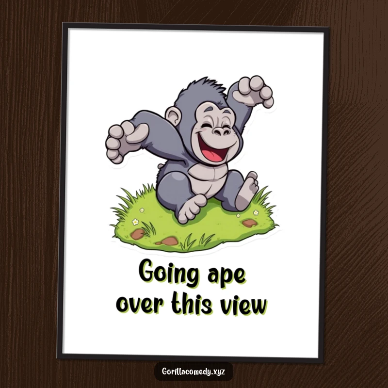 Funny Free Printable Wall Art: A stylized gorilla character comically tumbles down a grassy hill with pure joy.