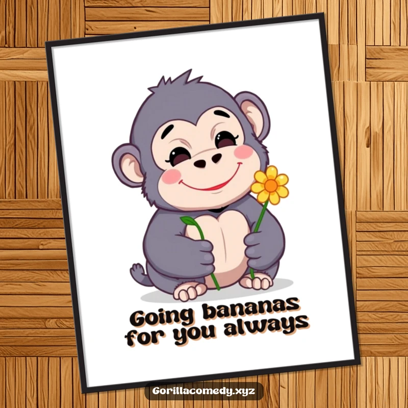 Funny Free Printable Wall Art: A shy gorilla character happily offers a single, beautiful flower.