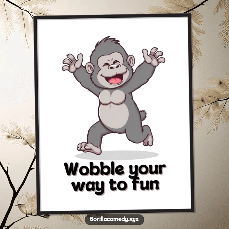Funny Free Printable Wobbly Gorilla Wall Art of a gorilla doing a funny, unsteady walk with arms outstretched.
