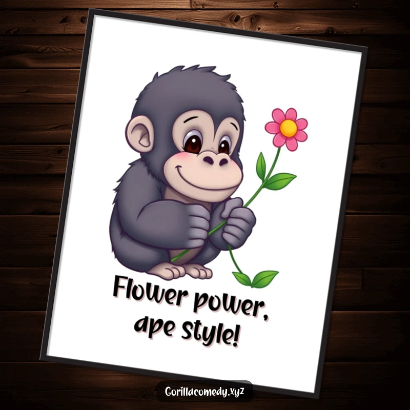 Funny Free Printable Wall Art: A tender gorilla holding a bright flower, radiating kindness and charm in humorous decor.