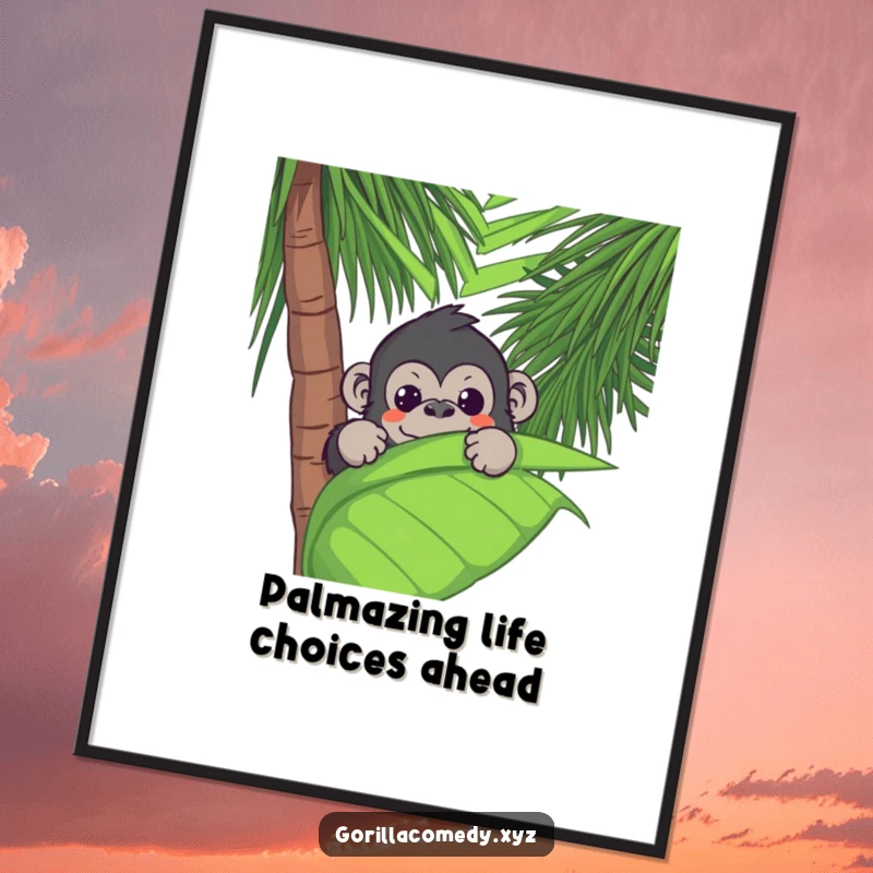 Funny Free Printable Wall Art: A cute Kawaii gorilla peeking playfully from behind a giant, vibrant palm leaf.