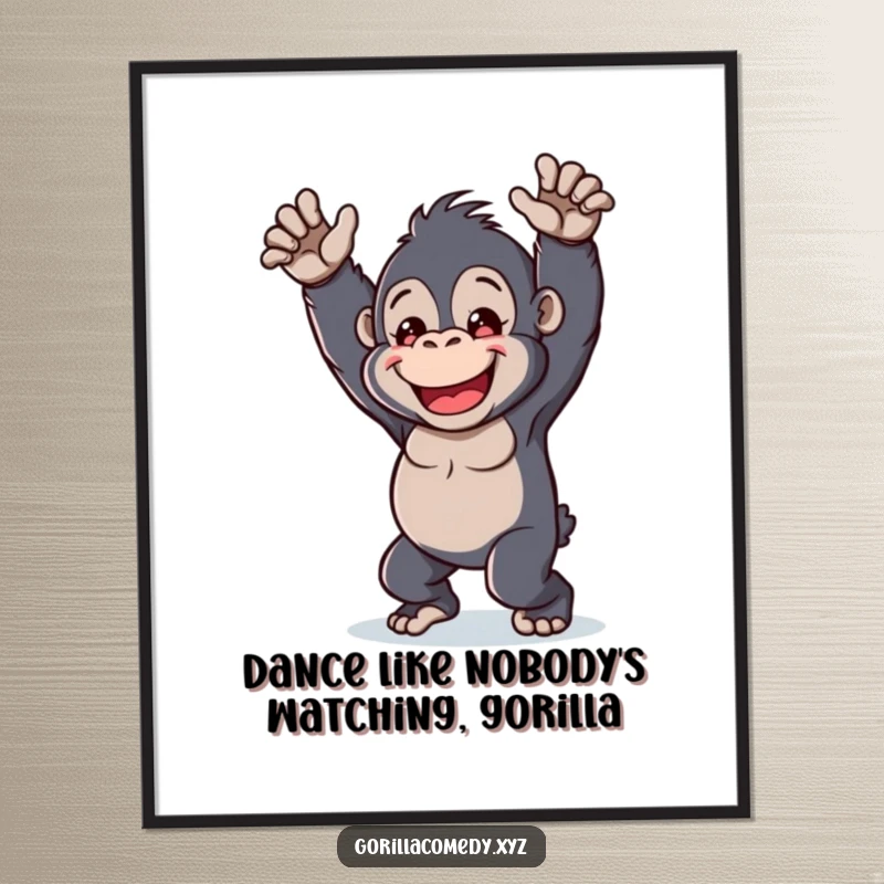 Funny Free Printable Wall Art: A cheerful kawaii gorilla captured mid-dance, radiating pure happiness and energy.
