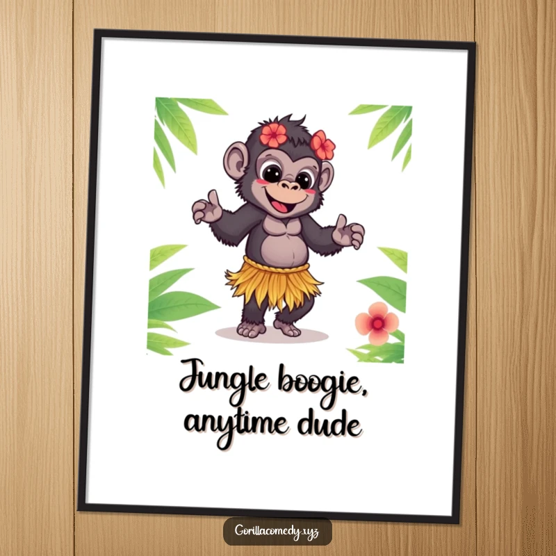 Funny Free Printable Wall Art: A cute gorilla wearing a grass skirt enthusiastically doing the hula dance, downloadable decor.