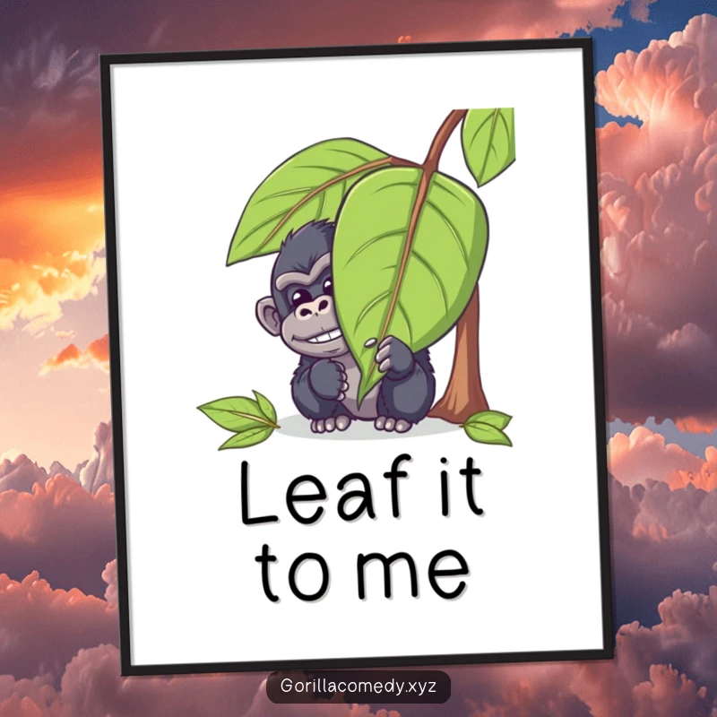 Funny Free Printable Wall Art of a mischievous gorilla hiding behind a large leaf, peeking out with a playful chuckle.