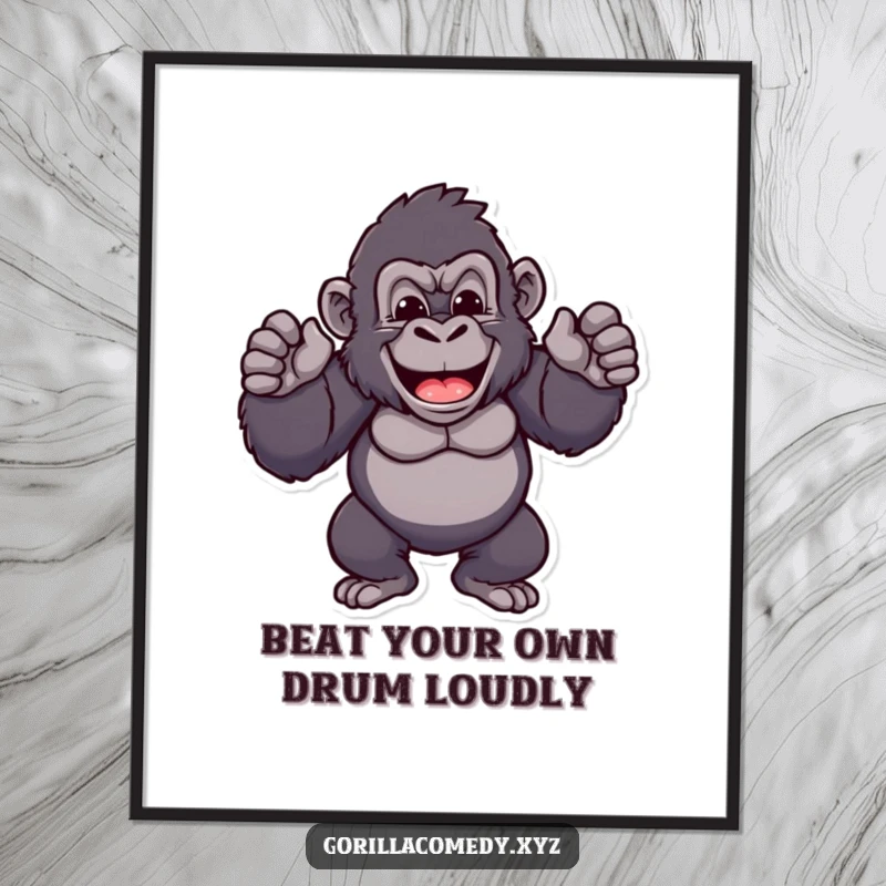 Free Printable Wall Art of a cheerful gorilla proudly beating its chest rhythmically, exuding confidence and strength.