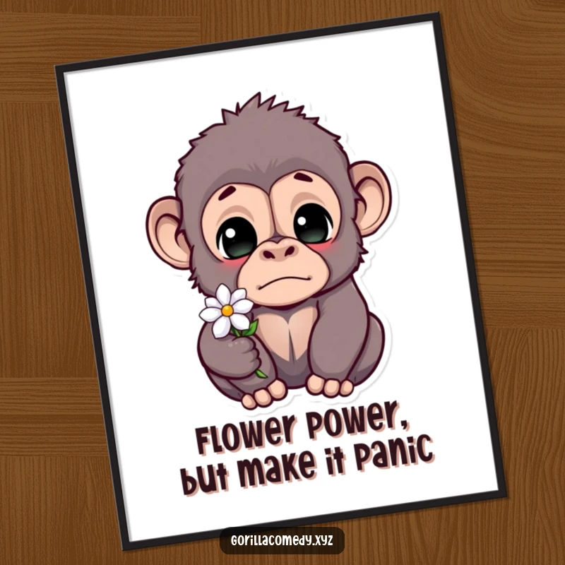 Funny Free Printable Wall Art: A startled gorilla with wide eyes holding a tiny flower, creating a humorous scene.