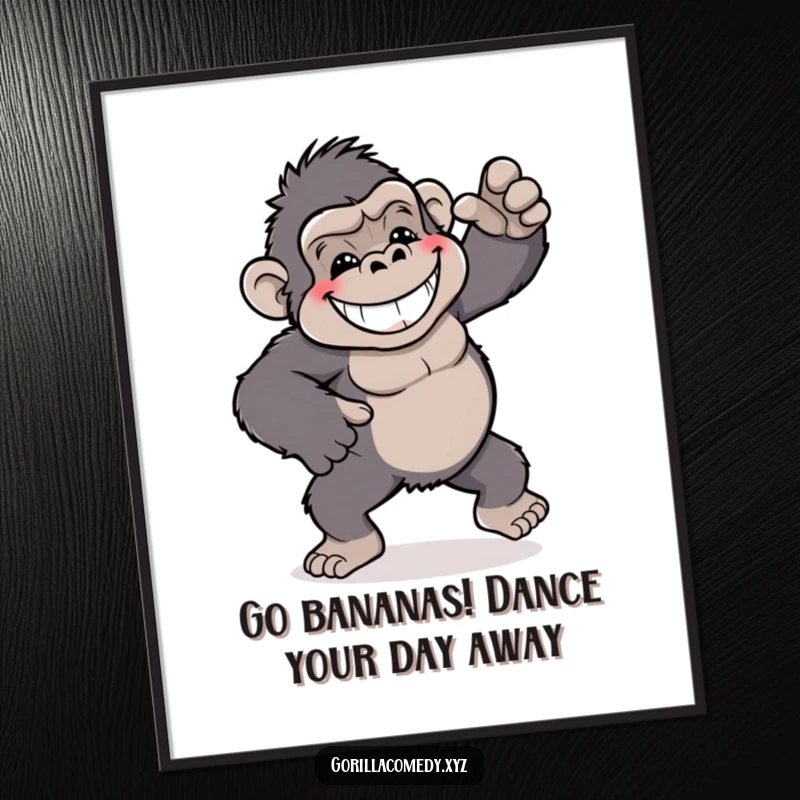 Funny Free Printable wall art: a cartoon gorilla with a huge grin is captured mid-motion, performing a hilarious and silly dance.