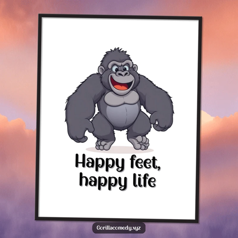 Funny free printable wall art of a gorilla with massive, happy feet stomping around playfully, radiating joy.