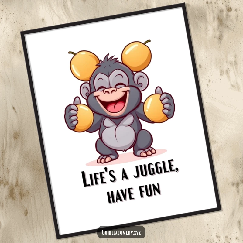 Funny Free Printable wall art of a giggling gorilla with a wide grin juggling three shiny coconuts, perfect for whimsical decor.