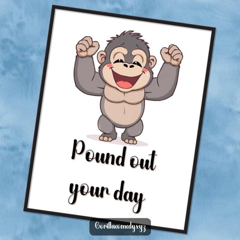 Funny Free Printable Wall Art: a cute gorilla character joyfully pounds its chest with an infectious big smile.