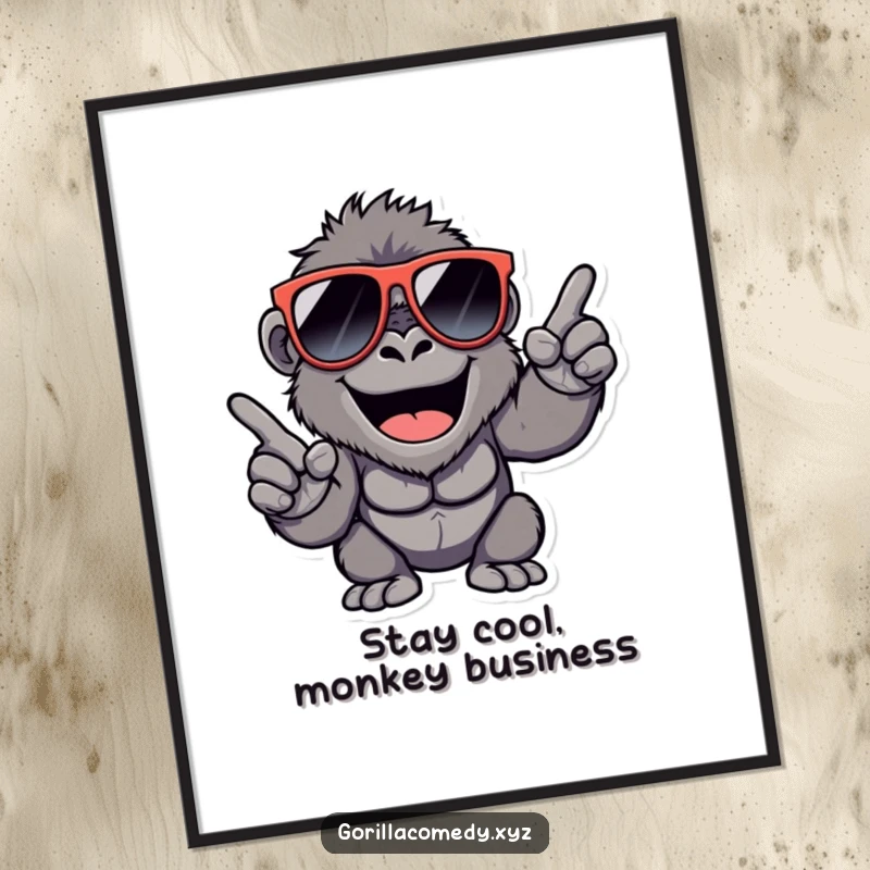 Funny Free Printable Wall Art: A happy gorilla with oversized sunglasses giving a confident finger snap, downloadable decor.