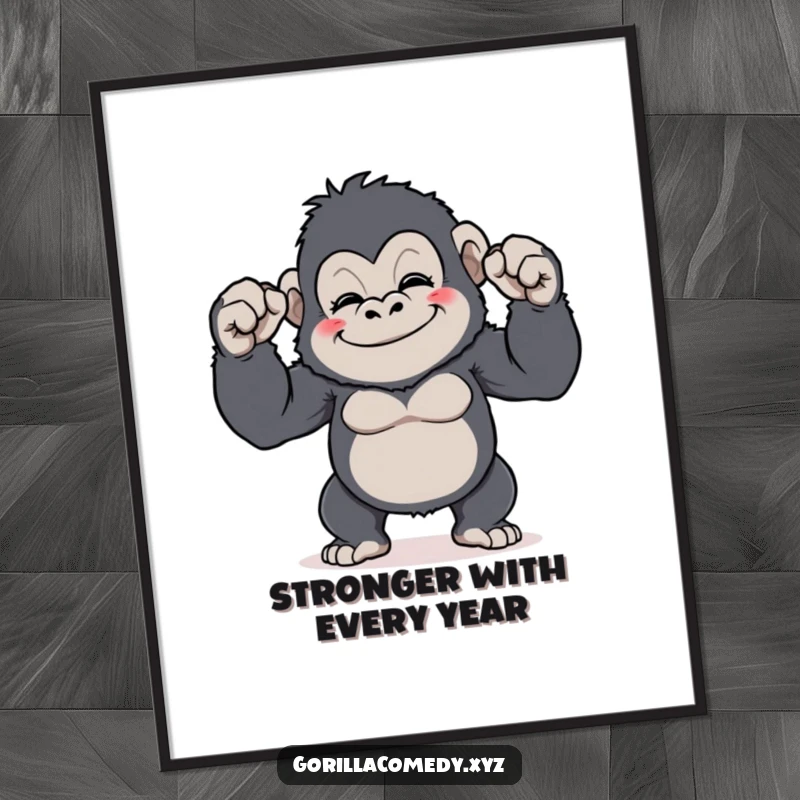 Funny Free Printable Wall Art: A cute gorilla character comically showing off its tiny biceps with a huge, proud grin.