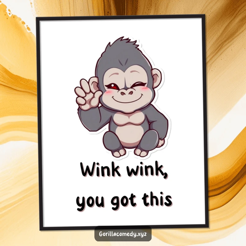 Funny Free Printable Wall Art: A cheerful gorilla character winks and waves with one hand, exuding fun.